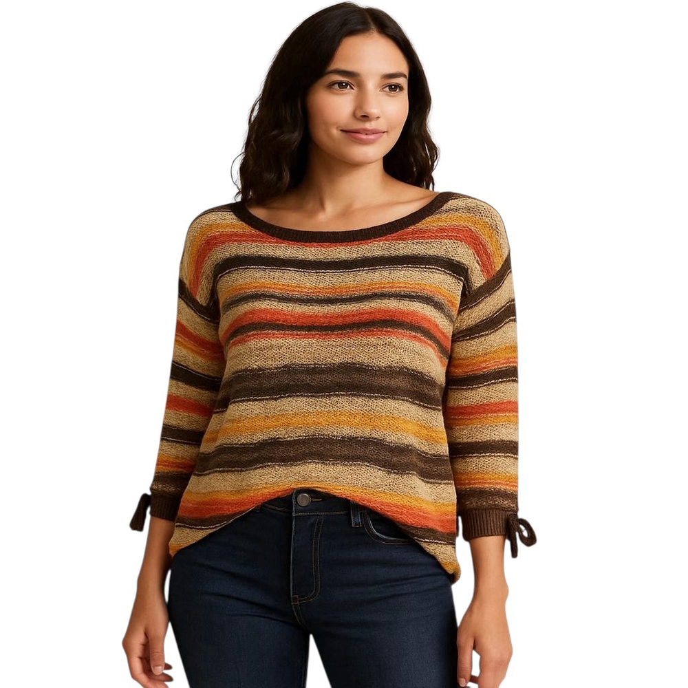 Jones New York Sweater Womens 1X Plus Linen Blend Striped 3/4 Sleeve Pullover